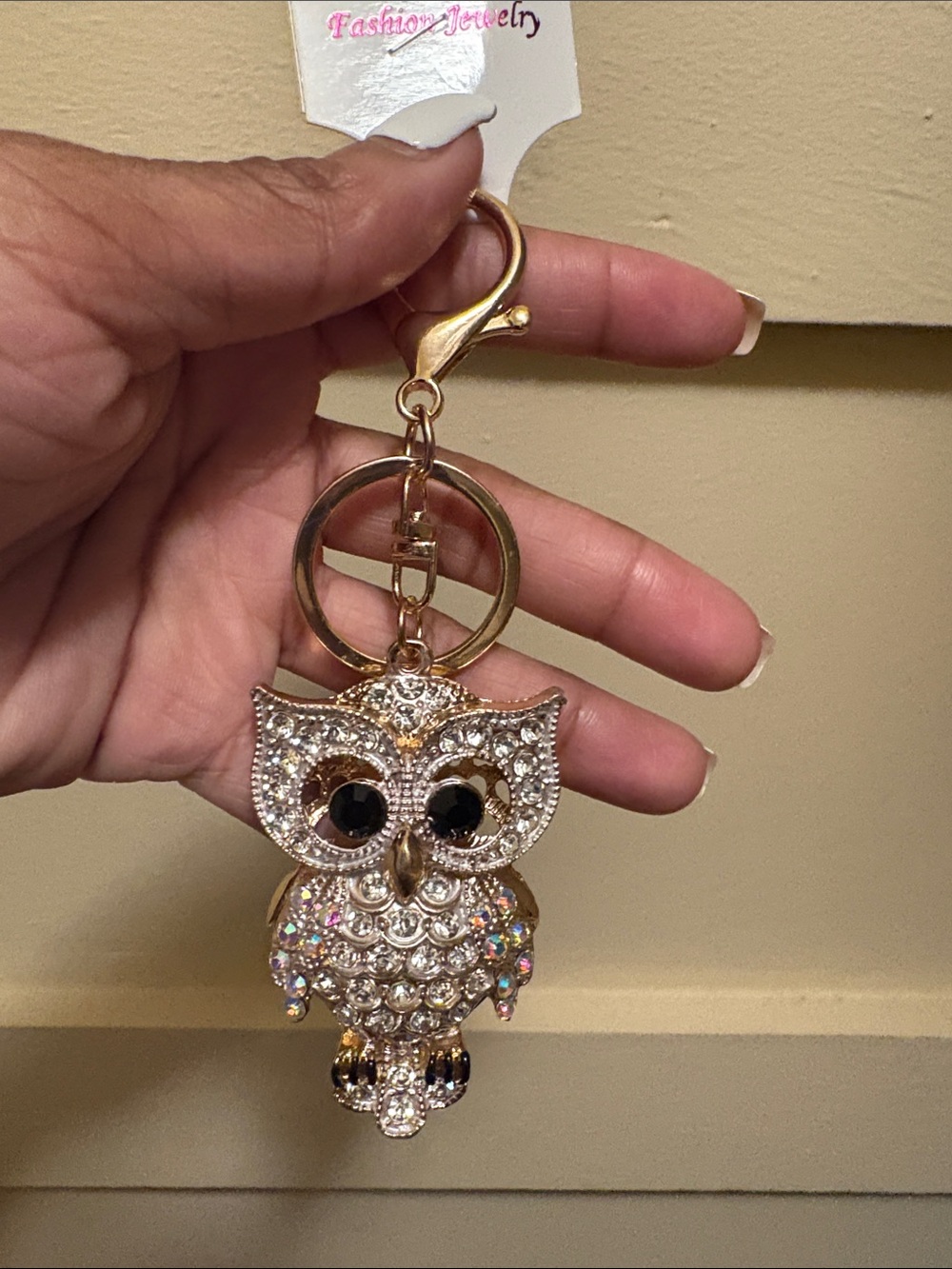 Crystal Owl Keychain Charm - Gold Tone